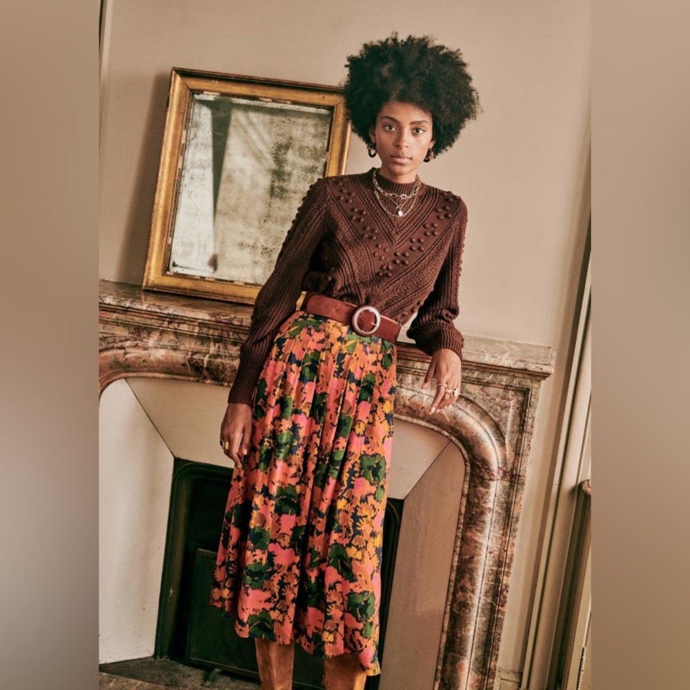 Sezane Brown and Orange Floral Midi Skirt